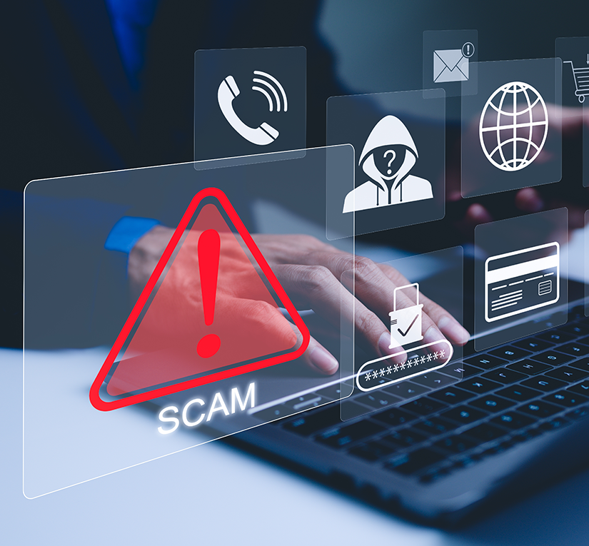 image of technology icons and a warning icon with the word scam
