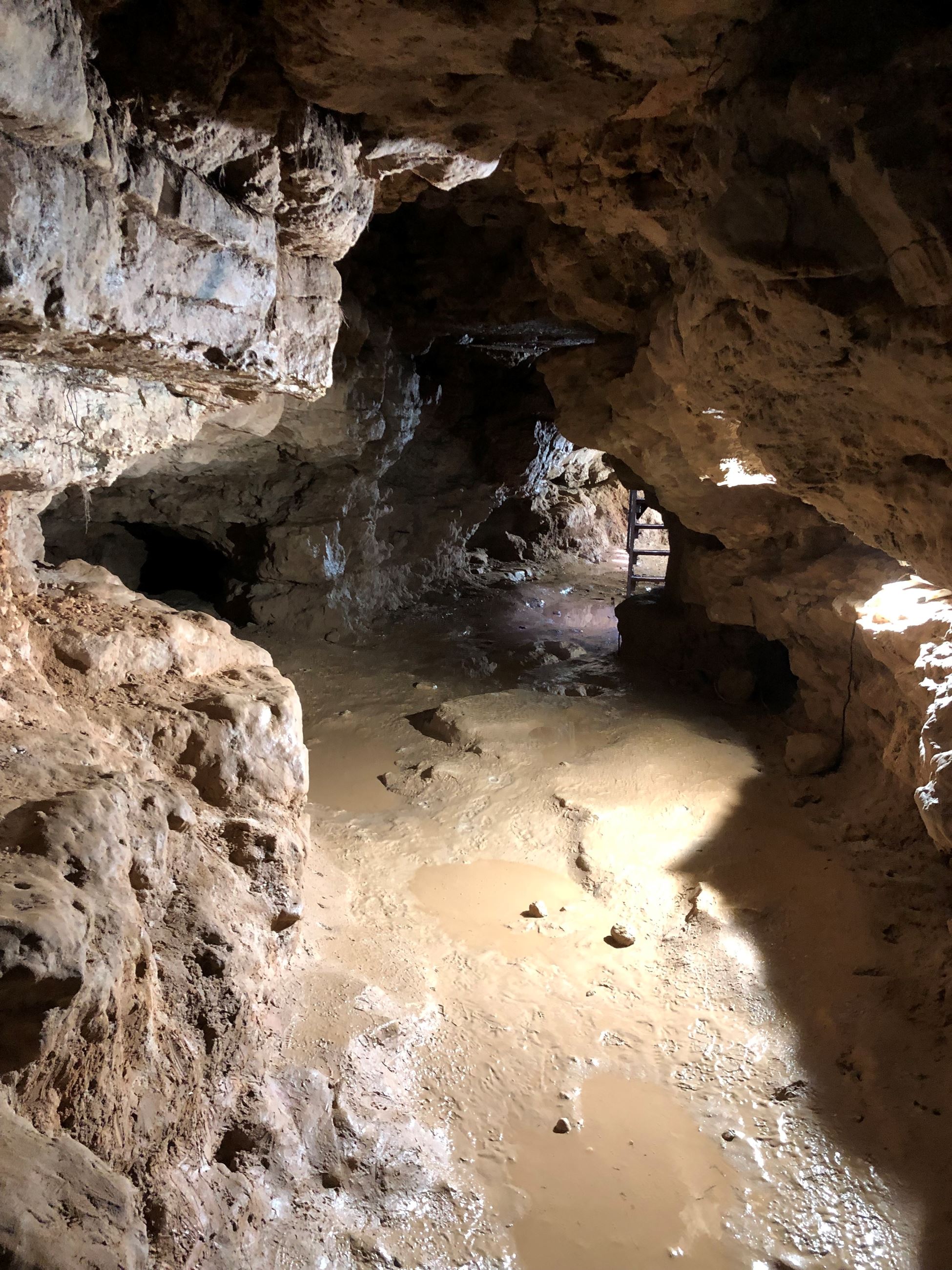 the inside of a large cave. It looks muddy and there are puddles.